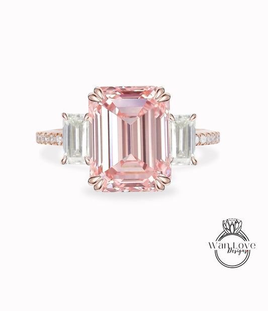 Peach Sapphire & Diamond Emerald Baguette 3 gem stone cluster art deco Engagement Ring 14k White Yellow Rose Gold Platinum Custom Wedding bridal ring Anniversary Gift