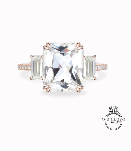 Zaffiro bianco diamante smeraldo Baguette 3 anello di fidanzamento con pietre preziose 4ct 10x8mm 14k bianco giallo oro rosa platino anniversario di matrimonio personalizzato