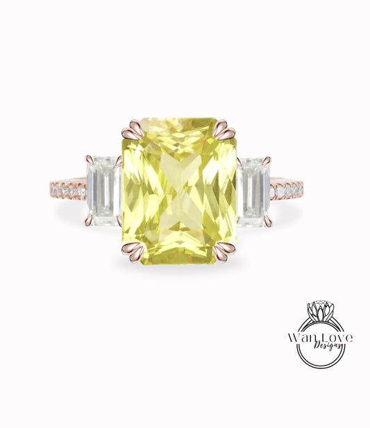 Yellow Sapphire & Diamond Emerald Baguette 3 gem stone cluster art deco Engagement Ring 14k White Yellow Rose Gold Platinum Custom Wedding bridal ring Anniversary Gift