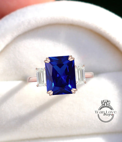 Blue Sapphire & Diamond 3 Gemtone Emerald Baguette Engagement Ring 14k 18k White Yellow Rose Gold Platinum Custom Wedding Bridal Ring Anniversary Gift