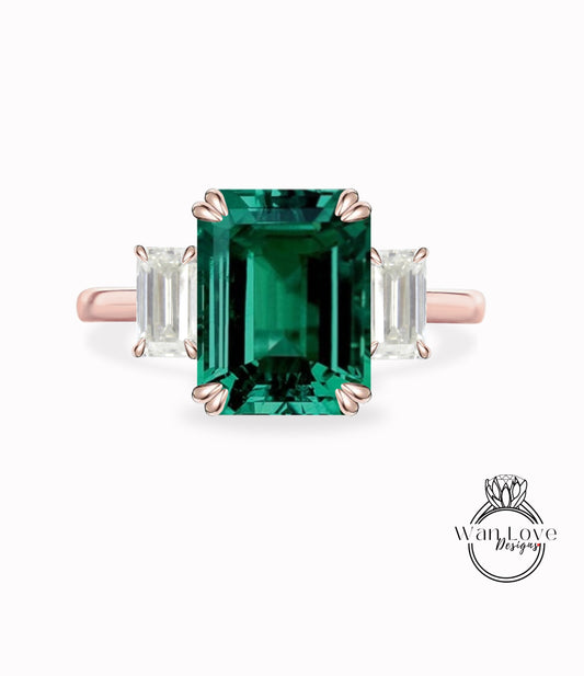 Emerald & Diamond 3 Gemtone Emerald Baguette Engagement Ring 14k 18k White Yellow Rose Gold Platinum Custom Wedding Bridal Ring Anniversary Gift