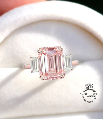 Peach Sapphire & Diamond 3 Gemtone Emerald Baguette Engagement Ring 14k 18k White Yellow Rose Gold Platinum Custom Wedding Bridal Ring Anniversary Gift