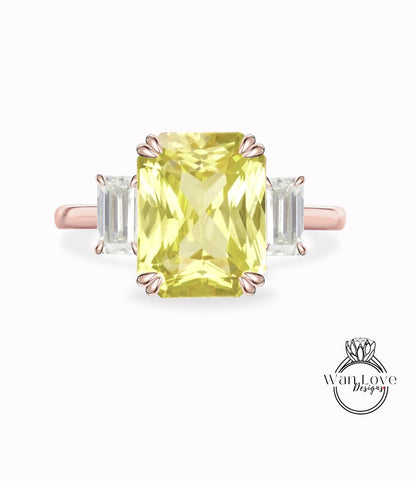 Yellow Sapphire & Diamond 3 Gemtone Emerald Baguette Engagement Ring 14k 18k White Yellow Rose Gold Platinum Custom Wedding Bridal Ring Anniversary Gift