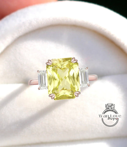 Yellow Sapphire & Diamond 3 Gemtone Emerald Baguette Engagement Ring 14k 18k White Yellow Rose Gold Platinum Custom Wedding Bridal Ring Anniversary Gift