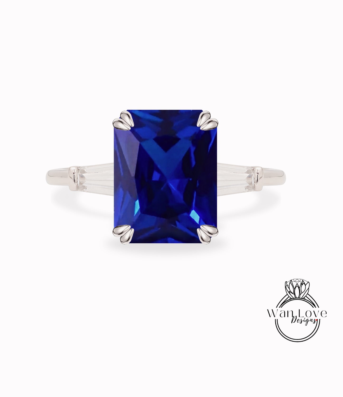 Anello di fidanzamento con 3 pietre Moissanite e zaffiro blu, taglio smeraldo, baguette, 14k, 18k, bianco, giallo, oro rosa, platino, anniversario personalizzato