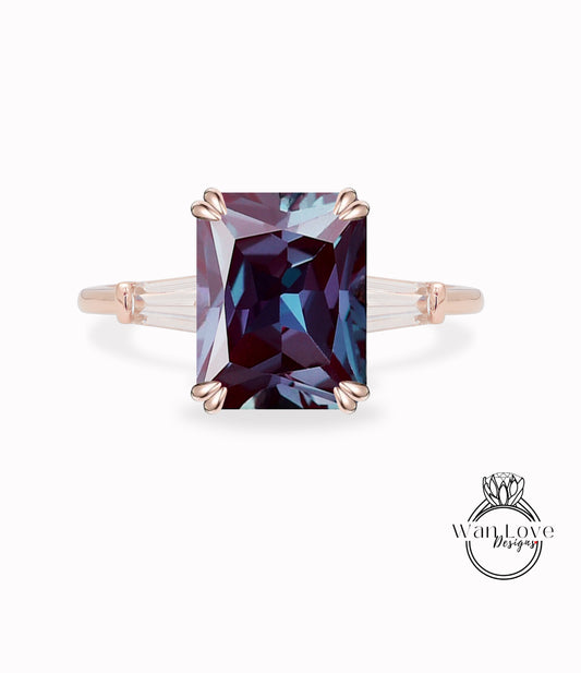 Alexandrite & Diamond 3 gem stone Emerald Cut with Tapered Baguettes Engagement Ring 14k 18k White Yellow Rose Gold-Platinum-Custom-Anniversary Gift