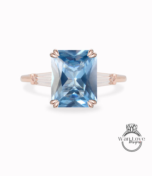 Aquamarine Blue Spinel & Diamond 3 gem stone Emerald Cut with Tapered Baguettes Engagement Ring 14k 18k White Yellow Rose Gold-Platinum-Custom-Anniversary Gift