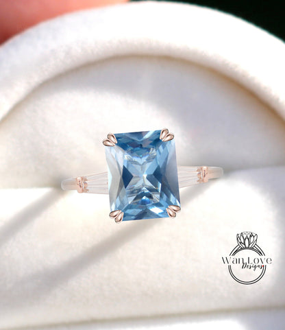 Anello di fidanzamento Baguette con spinello blu acquamarina e Moissanite con 3 pietre di smeraldo, 14k 18k bianco giallo oro rosa-platino-personalizzato, WanLoveDesigns