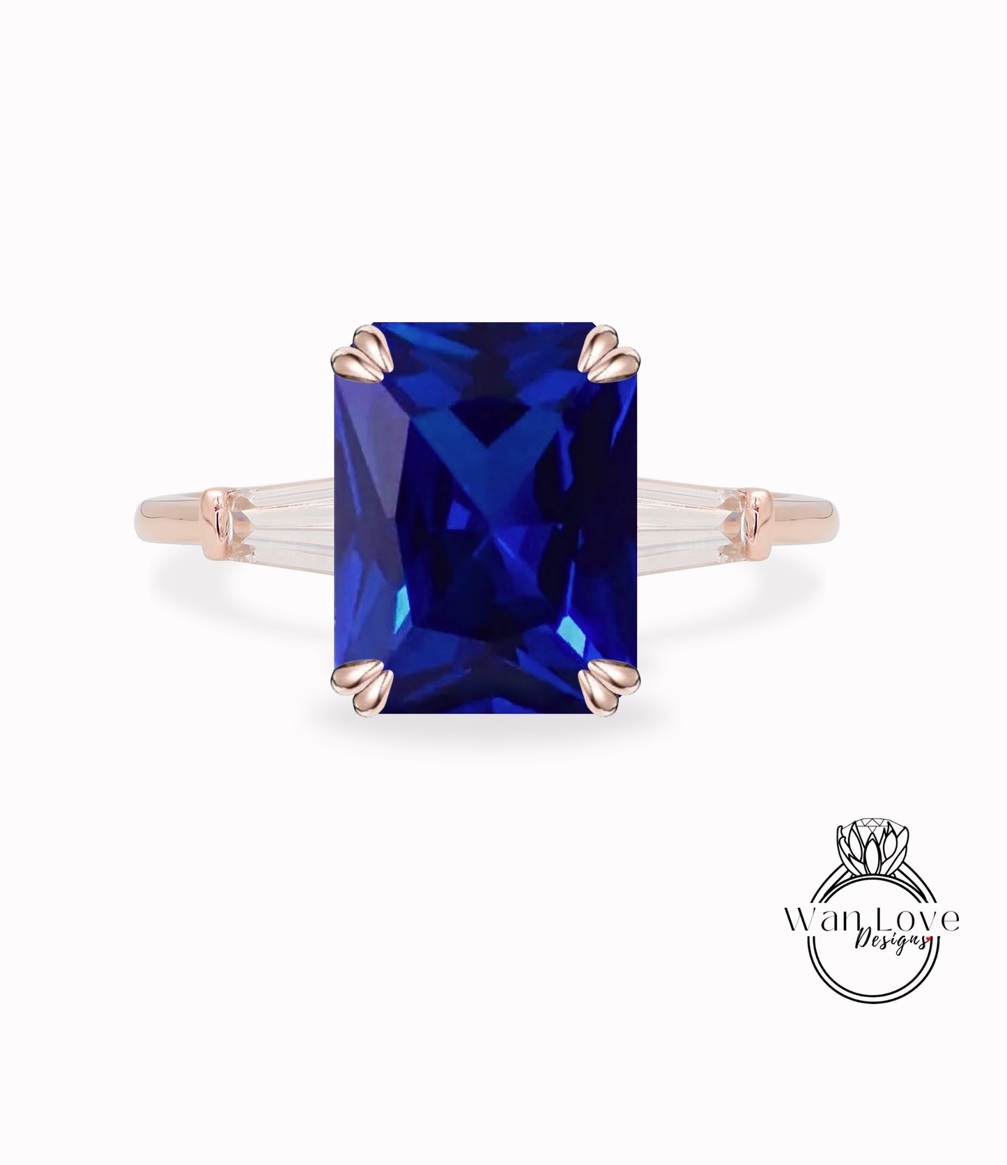 Anello di fidanzamento con 3 pietre Moissanite e zaffiro blu, taglio smeraldo, baguette, 14k, 18k, bianco, giallo, oro rosa, platino, anniversario personalizzato