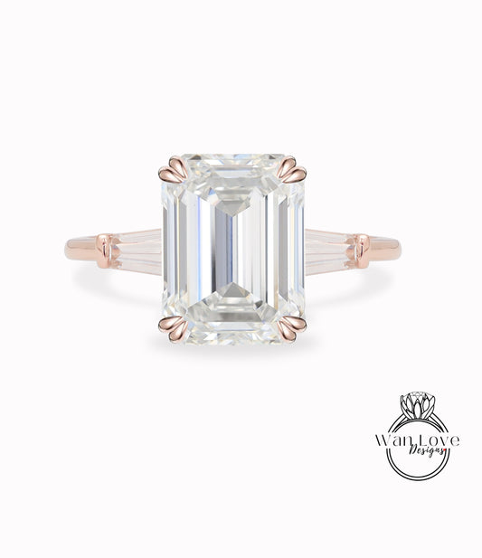 Moissanite & Diamond 3 gem stone Emerald Cut with Tapered Baguettes Engagement Ring 14k 18k White Yellow Rose Gold-Platinum-Custom-Anniversary Gift