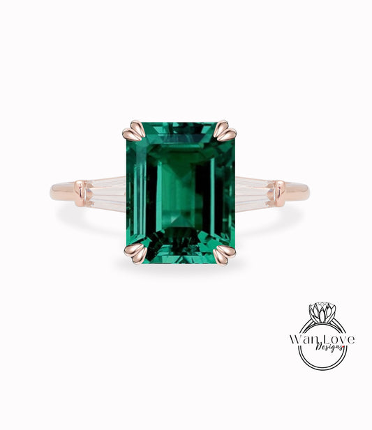 Emerald & Diamond 3 gem stone Emerald Cut with Tapered Baguettes Engagement Ring 14k 18k White Yellow Rose Gold-Platinum-Custom-Anniversary Gift