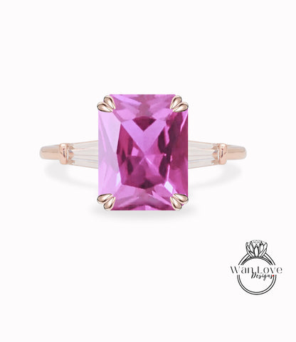 Anello di fidanzamento con 3 gemme di zaffiro rosa Moissanite e smeraldo Baguette 14k 18k bianco giallo oro rosa-platino-matrimonio-anniversario personalizzato