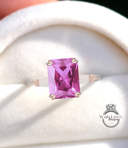 Anello di fidanzamento con 3 gemme di zaffiro rosa Moissanite e smeraldo Baguette 14k 18k bianco giallo oro rosa-platino-matrimonio-anniversario personalizzato