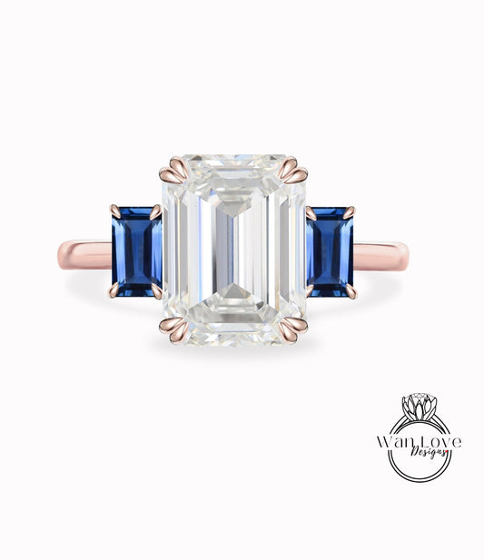 Anello di fidanzamento con diamante Lab Anello con diamante taglio smeraldo baguette in oro bianco con diamante minimalista e tre pietre Anello nuziale Anello nuziale Regalo di anniversario