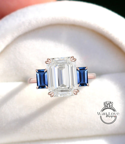 Diamond & Blue Sapphires 3 Gemtone Emerald Baguette Engagement Ring 14k 18k White Yellow Rose Gold Platinum Custom Wedding Bridal Ring Anniversary Gift