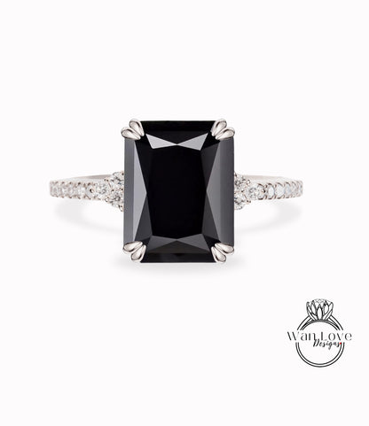 Anello di fidanzamento in spinello nero con taglio smeraldo con diamante vintage Anello di fidanzamento in oro a grappolo per donna Regalo di anniversario di matrimonio per lei