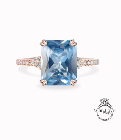 Anello di fidanzamento con spinello blu acquamarina taglio smeraldo diamante vintage Anello di fidanzamento in oro a grappolo per donna Regalo di anniversario di matrimonio per lei