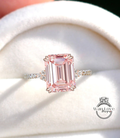 Emerald cut Peach Sapphire engagement ring vintage diamond Cluster gold engagement ring for women Bridal anniversary gift for her