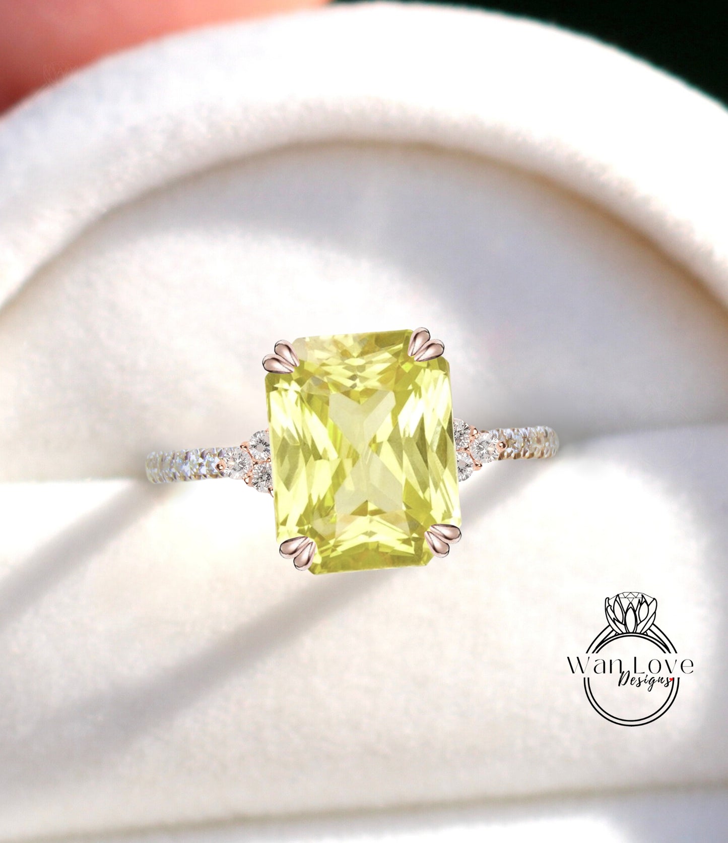 Emerald cut Yellow Sapphire engagement ring vintage diamond Cluster gold engagement ring for women Bridal anniversary gift for her