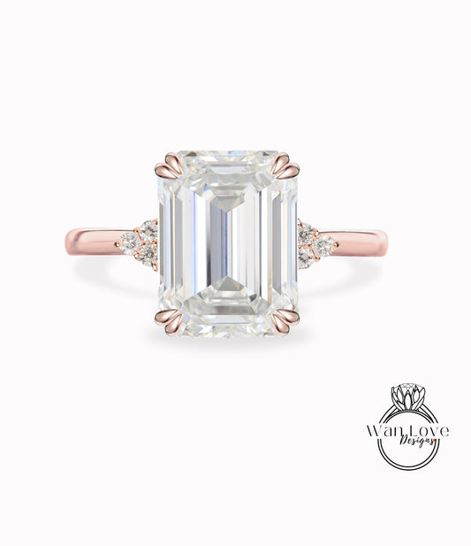 Anello di fidanzamento con diamante smeraldo mezza eternità Lab Anello con diamante anello con punta in oro rosa Art deco Solitaire nuziale Promessa di anniversario