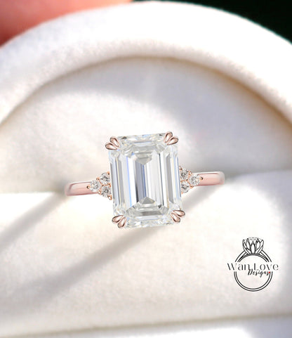 Emerald cut Diamond Cluster engagement ring Tapered plain band Lab Diamond ring rose gold prong ring Art deco wedding bridal Anniversary promise ring