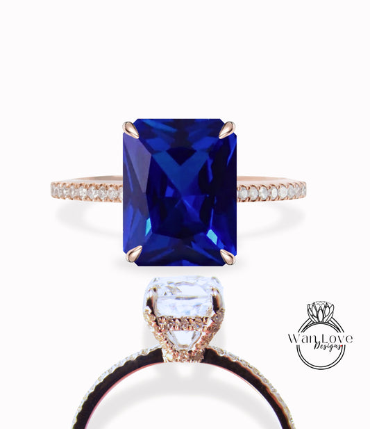 Anello di fidanzamento con punte di cesto di Halo laterale smeraldo con diamanti in zaffiro blu, anello cuscino allungato, personalizzato, matrimonio, anniversario