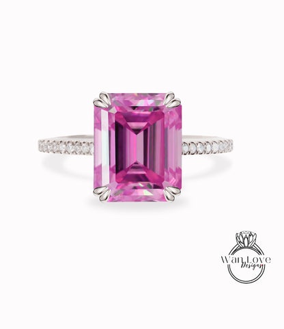 Anello di fidanzamento Moissanite rosa smeraldo Anello di fidanzamento minimal in oro rosa antico con fascia di diamanti Art Deco Delicato anello di promessa di anniversario nuziale