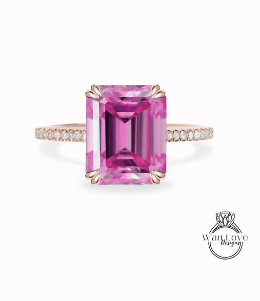 Anello di fidanzamento Moissanite rosa smeraldo Anello di fidanzamento minimal in oro rosa antico con fascia di diamanti Art Deco Delicato anello di promessa di anniversario nuziale