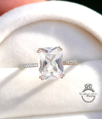 White Sapphire & Diamond half eternity Emerald cut Engagement Ring, Custom, 14kt 18kt Gold,Platinum, Wedding Bridal Ring, Anniversary Gift