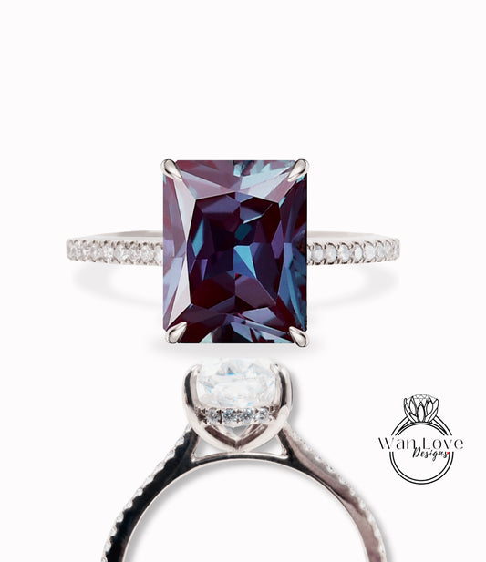 Alexandrite & Diamond Side Halo 3/4 Almost eternity Engagement Ring, Emerald cut Pave Rim wedding bridal ring 14kt 18kt Solid Gold Anniversary Gift