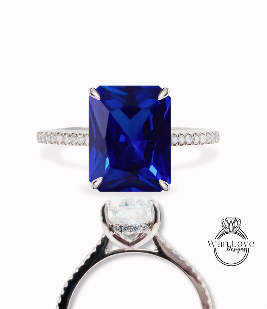 Blue Sapphire & Diamond Side Halo half halfway eternity Engagement Ring, Emerald cut Pave Rim wedding bridal ring 14kt 18kt Solid Gold Anniversary Gift