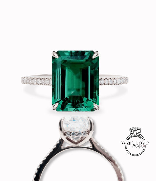 Emerald & Diamond Side Halo half halfway eternity Engagement Ring, Emerald cut Pave Rim wedding bridal ring 14kt 18kt Solid Gold Anniversary Gift