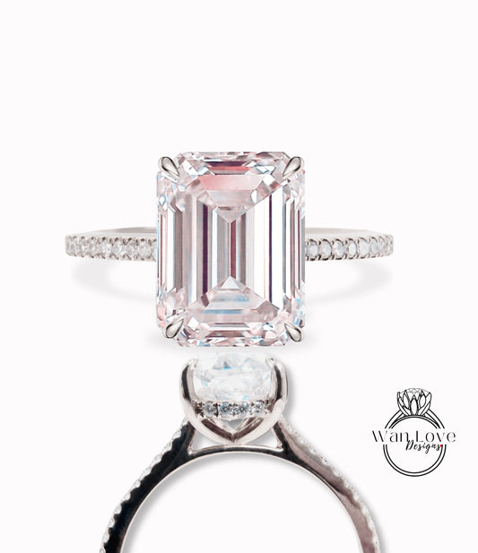 Light Pink Sapphire & Diamond Side Halo half halfway eternity Engagement Ring, Emerald cut Pave Rim wedding bridal ring 14kt 18kt Solid Gold Anniversary Gift