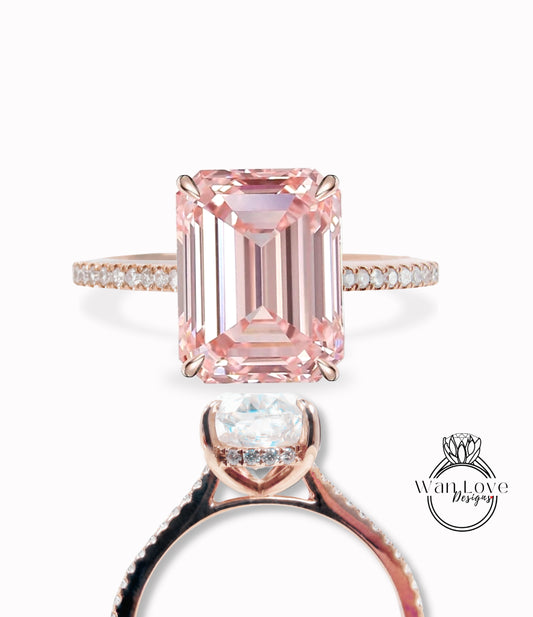 Peach Sapphire & Diamond Side Halo half halfway eternity Engagement Ring, Emerald cut Pave Rim wedding bridal ring 14kt 18kt Solid Gold Anniversary Gift