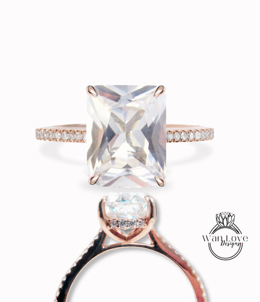 White Sapphire & Diamond Side Halo half halfway eternity Engagement Ring, Emerald cut Pave Rim wedding bridal ring 14kt 18kt Solid Gold Anniversary Gift