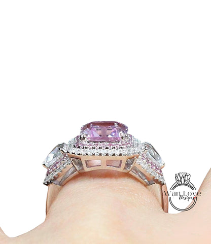 Light Pink Sapphire engagement ring double halo diamond ring prong ring oval cut white gold ring Cushion ring art deco ring anniversary ring