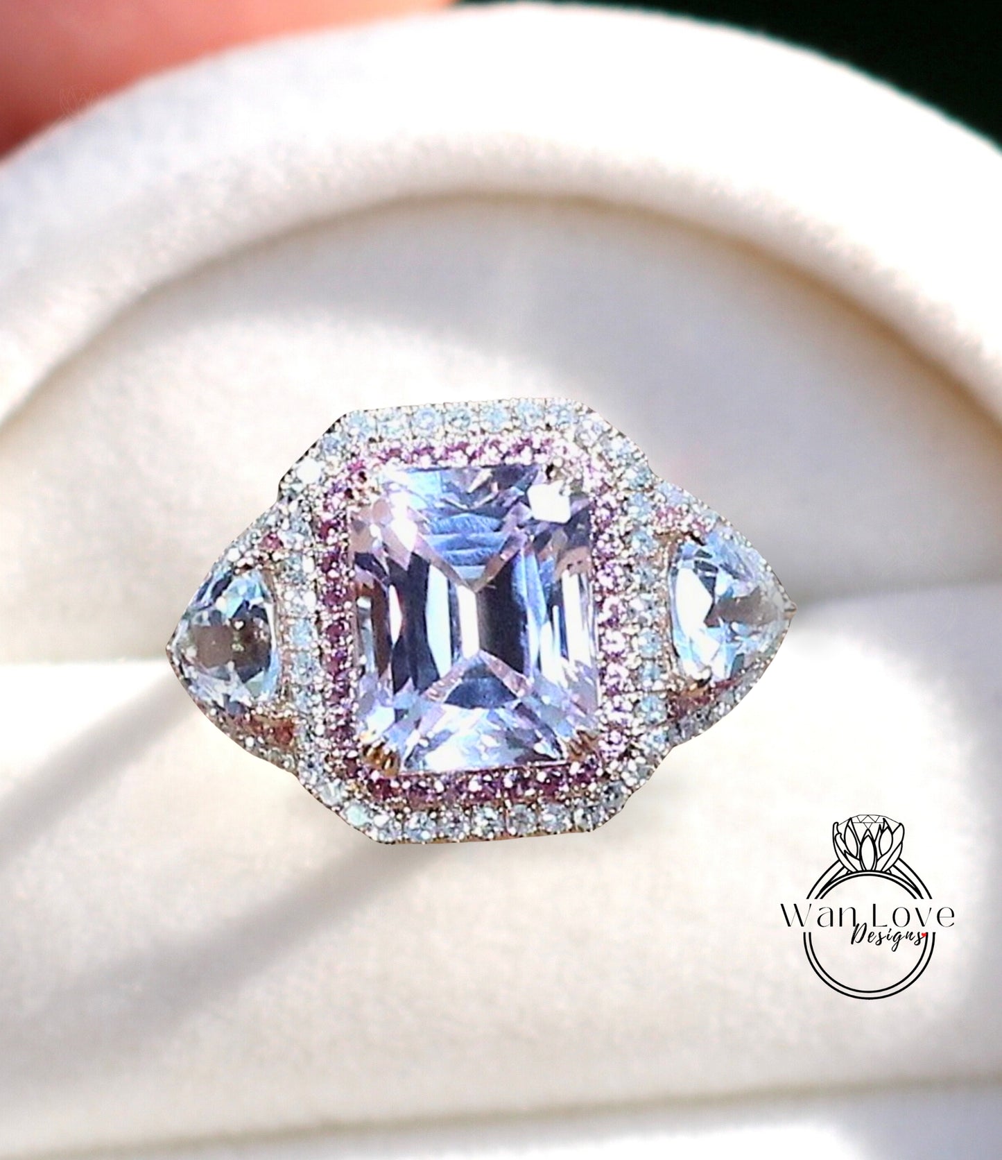 Light Pink Sapphire engagement ring double halo diamond ring prong ring oval cut white gold ring Cushion ring art deco ring anniversary ring