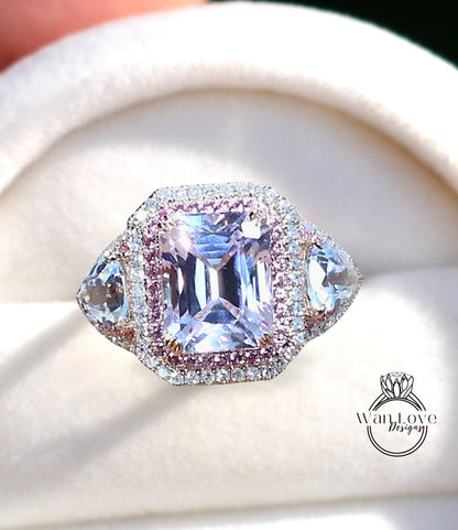 Light Pink Sapphire engagement ring double halo diamond ring prong ring oval cut white gold ring Cushion ring art deco ring anniversary ring