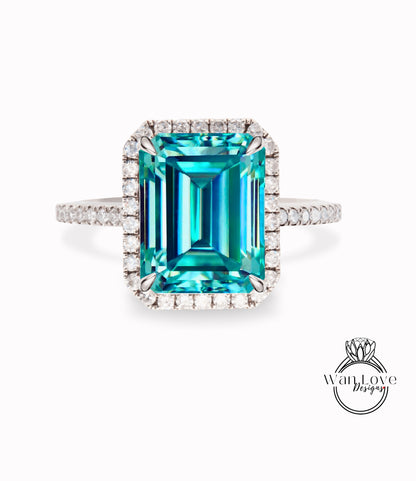 Diamond Halo Ring Blue Green Moissanite & Diamond Emerald Engagement Ring Art Deco Radiant Halo Ring wedding anniversary bridal promise ring