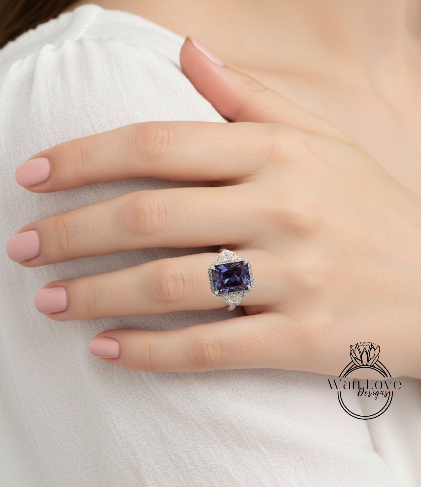 Anello di fidanzamento con diamanti smeraldo e moissanite Cuscino ovale mezza luna 3 pietre preziose 14k 18k bianco giallo oro rosa, platino, personalizzato