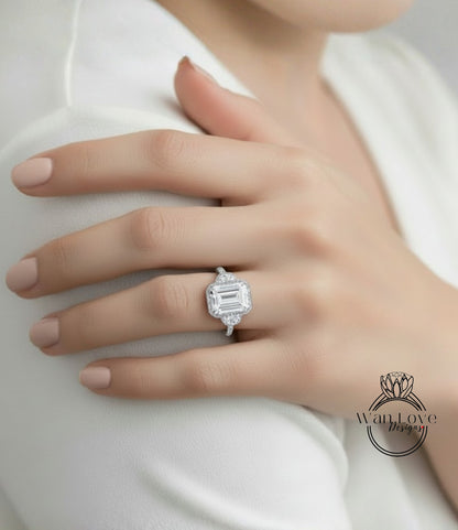 Anello di fidanzamento Art Déco con diamanti Lab con taglio smeraldo, anello rotondo con 3 pietre preziose, taglio baguette, anello in oro rosa con grappolo, promessa di anniversario, anello nuziale
