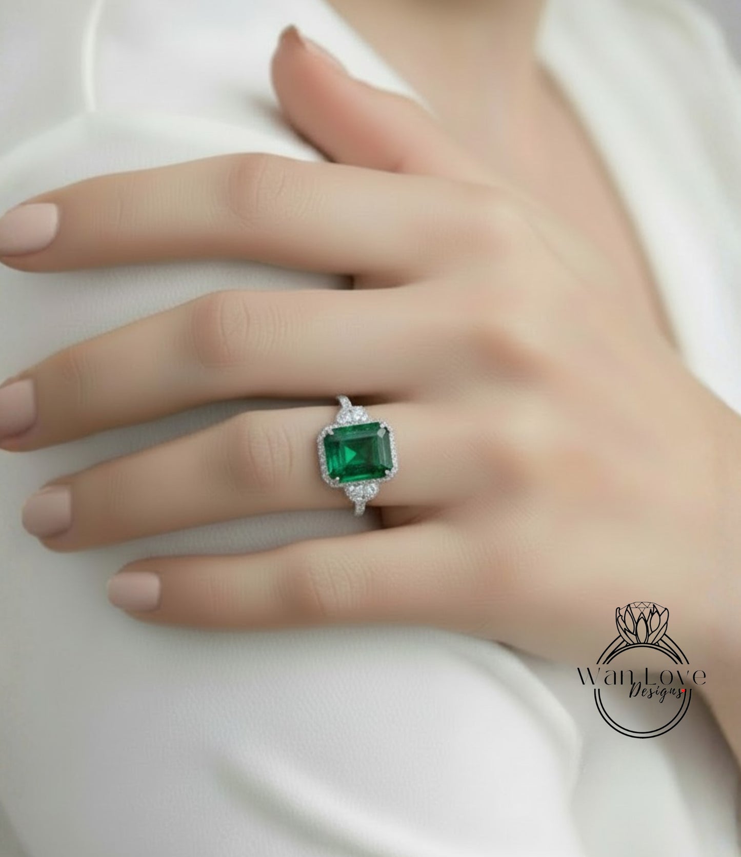 Emerald & Diamond Halo Engagement Ring 3 Gem Stone Half Moon Moissanite Diamond Triple halo 14k 18k Rose White Yellow gold Platinum Anniversary Gift