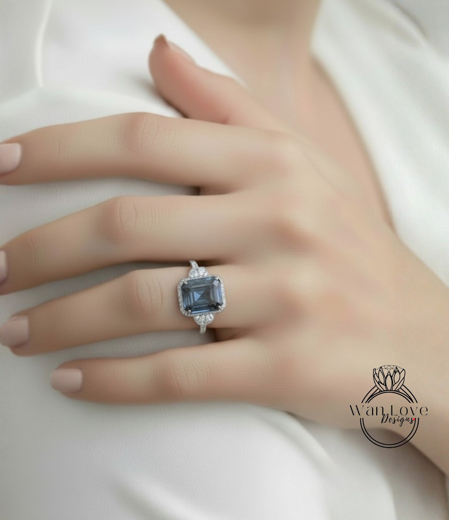 Emerald cut Grey Moissanite & Diamond halo engagement ring cushion cut half moon rose gold art deco diamond three stone triple halo ring wedding Bridal ring Anniversary gift