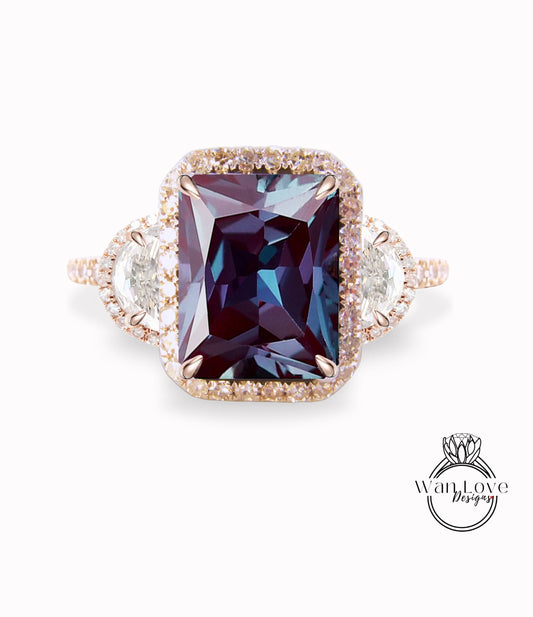 Anello di fidanzamento con diamanti smeraldo e moissanite Cuscino ovale mezza luna 3 pietre preziose 14k 18k bianco giallo oro rosa, platino, personalizzato