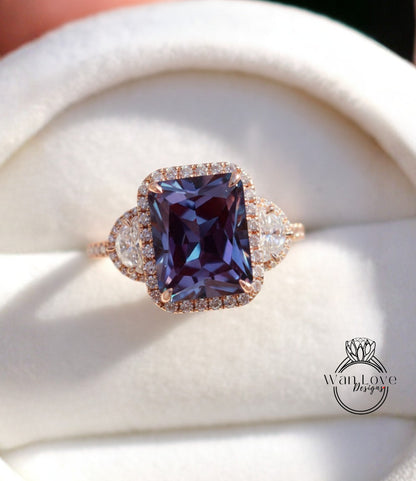 Anello di fidanzamento con diamanti smeraldo e moissanite Cuscino ovale mezza luna 3 pietre preziose 14k 18k bianco giallo oro rosa, platino, personalizzato