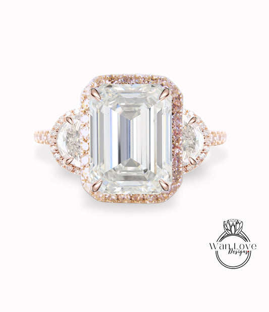 Moissanite & Diamond Emerald cut halo engagement ring half moon rose gold art deco diamond three stone triple halo ring wedding Bridal ring Anniversary gift