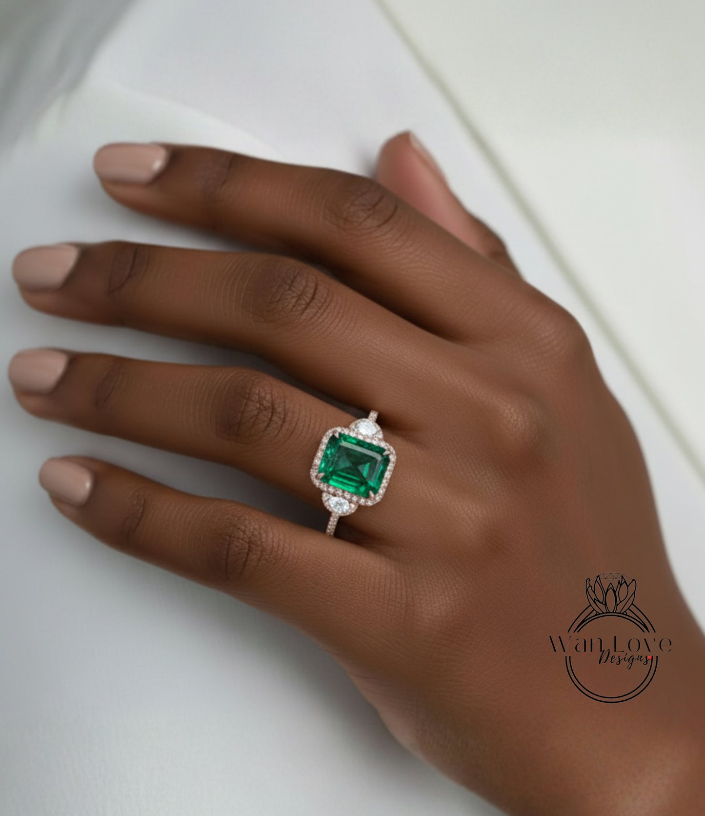 Emerald & Diamond Halo Engagement Ring 3 Gem Stone Half Moon Moissanite Diamond Triple halo 14k 18k Rose White Yellow gold Platinum Anniversary Gift