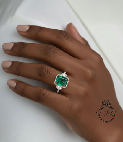 Emerald & Diamond Halo Engagement Ring 3 Gem Stone Half Moon Moissanite Diamond Triple halo 14k 18k Rose White Yellow gold Platinum Anniversary Gift
