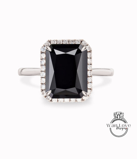 Anello di fidanzamento con spinello nero e diamante smeraldo Halo, gambo semplice, personalizzato, matrimonio, regalo di anniversario, oro giallo rosa bianco 14k 18k