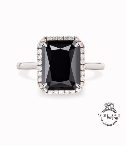 Anello di fidanzamento Halo radiante con spinello nero e diamanti, cuscino, matrimonio, regalo di anniversario, oro 14kt 18kt, platino, WanLoveDesigns